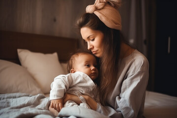 Obraz na płótnie Canvas Mother's love to her child. There is no love like mother's love. Mother holding baby. Generative ai