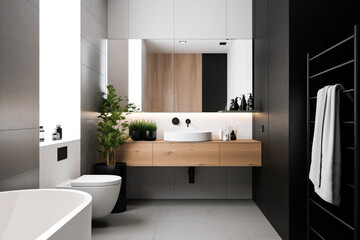 Fototapeta na wymiar Ikea style minimalistic bathroom. Generative ai.