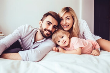 Fototapeta premium Family portrait, parents and one child all smiling. Generative ai.