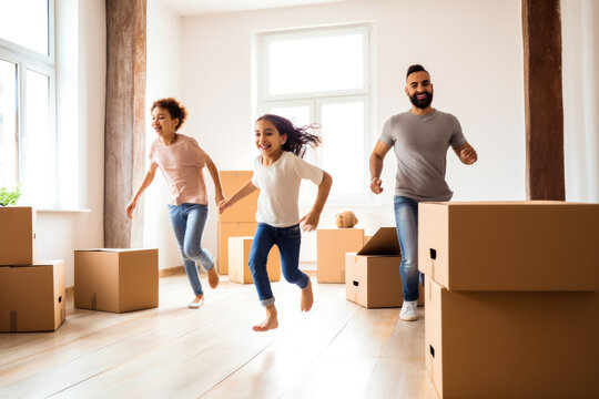 Family moving in new house, sorting boxes with their belongings. Generative ai.