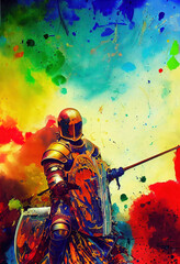 Knight in armor bright picture. Knight with spear and shield. Imitation of oil painting. AI-generated