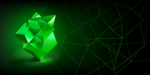 Abstract background with a green low-poly 3d object in the form of a polyhedron and a outlines of geometric shapes on a dark background