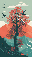 Fanciful Mountain Landscape: Illustration of Imaginative Trees, Birds, Peaks in Graphic Poster Art Style
