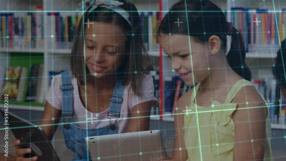 Poster animation of grid network against two diverse girls using digital tablets in the class at school