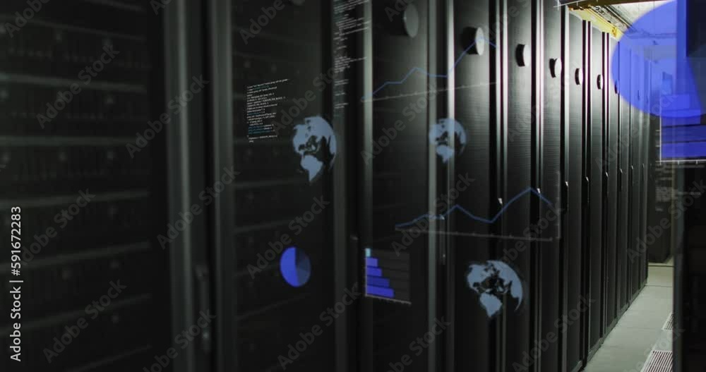 Poster animation of globes and data processing over server room