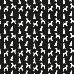Dog silhouettes pattern fabric. Elegant, soft seamless background, abstract background with Miniature Schnauzer dog shapes for Dog Lovers. Black and white. Birthday present wrapping paper.