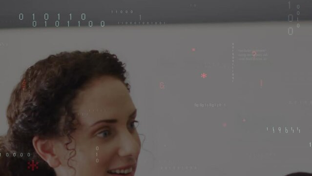 Animation of binary coding data processing against caucasian female teacher teaching at school