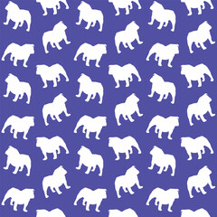 Dog silhouettes pattern fabric, blue color. Elegant, soft seamless background, abstract background with English Bulldog dog shapes for Dog Lovers. Black zebra. Birthday present wrapping paper.