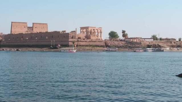 Philae temple complex ,an island-based temple complex in the reservoir of the Aswan Low Dam, downstream of the Aswan Dam and Lake Nasser, Egypt. External daylight shot