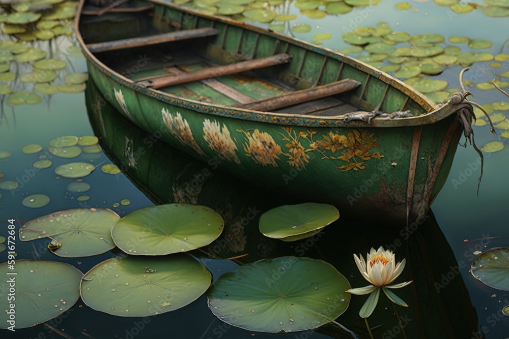 Poster scene from close range of a boat surrounded by floating lily pads generative ai
