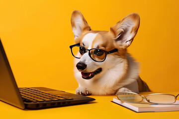 Intelligent corgi with glasses is working at a laptop on yellow background created with Generative AI