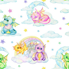 cute dragons of different colors, fairy castle, rainbow, clouds, crystals, stars, moon. Seamless pattern, cartoon style, painted in watercolor.