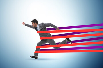 Businessman being harnessed and restricted