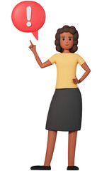 3d african american woman character pointing at exclamation mark in speech bubble. Warning concept with african woman showing exclamation mark in speech bubble
