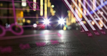 Animation of statistical data processing over spinning globe against night city traffic - Powered by Adobe