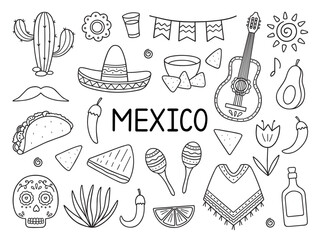 Mexico doodle set. Elements of mexican culture: maracas, poncho, cactus, taco, burrito in sketch style. Hand drawn vector illustration isolated on white background © AnyaLi