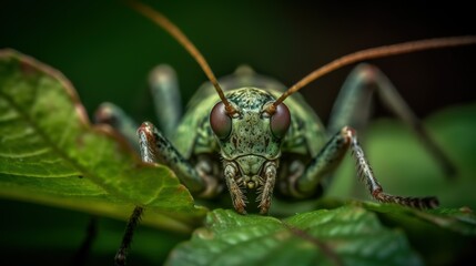 grasshopper on a leaf, closeup, depth effect