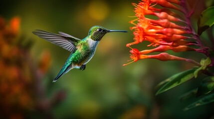 Naklejka premium hummingbird feeding on a flower, closeup