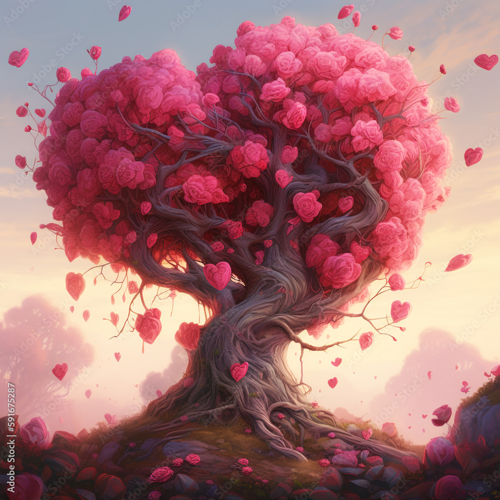 Wall mural generative ai: fantasy tree and with gardens and path