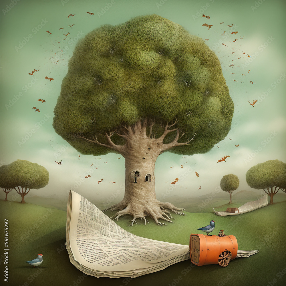 Wall mural generative ai: tree and house with gardens and path