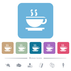Cup of coffee flat icons on color rounded square backgrounds
