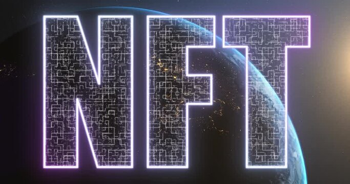 Animation of nft text over globe and sun on black background