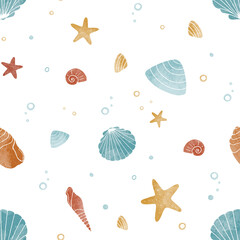 Seamless summer pattern. Hand drawn seashells pattern. Colorful summer print