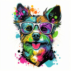 A colorful happy dog with rainbow colored sunglasses isolated on white background. T-shirt design. Generate AI