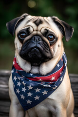 Patriot Americana Pug.  Dog wearing stars and stripes bandana.  Celebrating patriotic holidays. Generative ai.