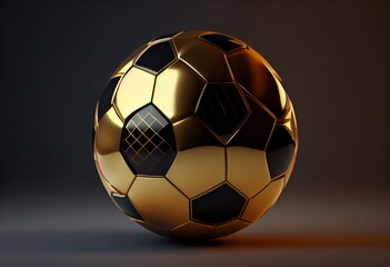 Fototapeta na wymiar Flat Soccer ball 3D rendering. Sport golden soccer ball 3D rendering, mono colored background. Soccer ball with gold parts 3d Illustration isolated on dark background. Generative AI