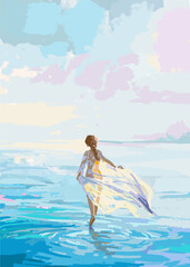 Obraz na płótnie Canvas Graceful Girl Walking on Water at Beach in Transparent Dress that gently sways in the wind - Beautiful Illustration of Serenity and Freedom