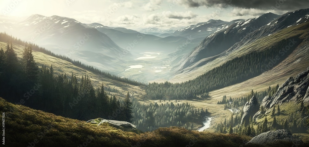 Poster backpacker in the mountains under an overcast sky, relaxing on a grassy slope with a view of the val