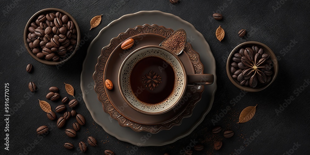 Poster top view of coffee beans on a gray backdrop and a steaming cup of the fragrant beverage. superior im