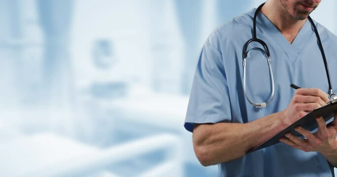 Animation of caucasian male doctor over blue blurred background