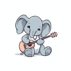 Cute Elephant Playing Guitar Cartoon Vector Icon Illustration. Animal Music Icon Concept Isolated Premium Vector. Flat Color