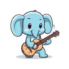 Cute Elephant Playing Guitar Cartoon Vector Icon Illustration. Animal Music Icon Concept Isolated Premium Vector. Flat Color