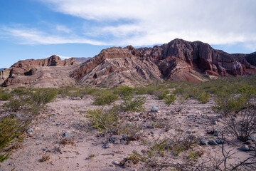 View of the rocky mountains and desert in Los Estratos, Quebrada de las Conchas, Salta, Argentina.	

