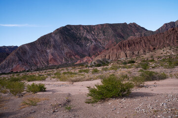 View of the rocky mountains and desert in Los Estratos, Quebrada de las Conchas, Salta, Argentina.	
