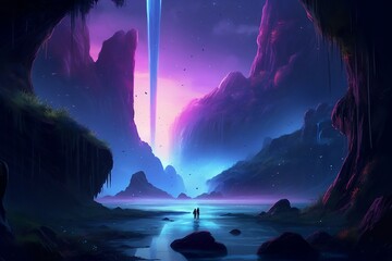 fantasy waterfall landscape on a serene alien planet 