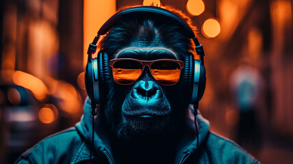 Fototapeta na wymiar Gorilla mit Sonnenbrille und Kopfhörer in der Stadt im 16:9 Format in orange teal Colour Look. Generative Ai.