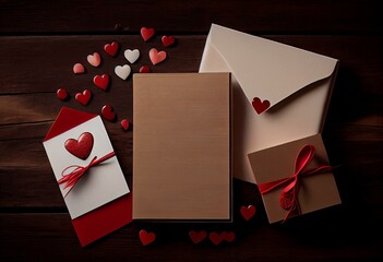 Blank wedding invitation stationery card mockup with envelope and red hearts and gifts on rustic wooden background. Valentines day card, valentines day background, Mothers day card. Generative AI