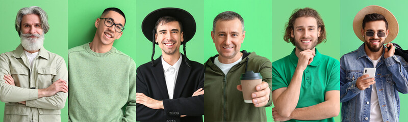 Collage of different modern men on green background