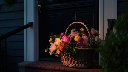 Fototapeta na wymiar A basket full of flowers sitting on a step created with Generative AI technology