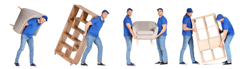 Loaders carrying furniture against white background