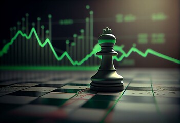 Chess board pawn with green finance graph for success trading strategy on background, Generative AI