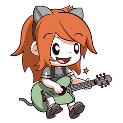 Mascot of cute cool guitarist girl playing guitar. Cartoon flat character vector illustration