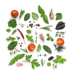 Composition with fresh herbs, spices and tomatoes on white background