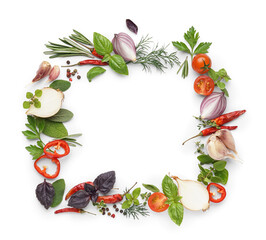 Frame made of fresh herbs, aromatic spices and vegetables on white background