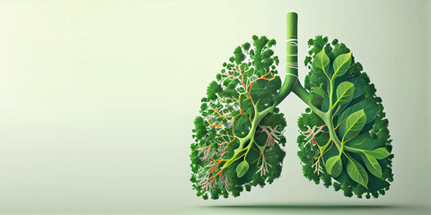 Conceptual image of green lungs, in the form of human lungs filled with tree leaves, image on an isolated  background with free space for any inscription or text..Generative AI