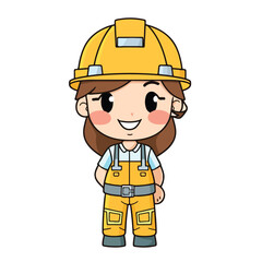 Mascot of cute girl building construction worker wearing uniform and safety helmet. Cartoon flat character vector illustration